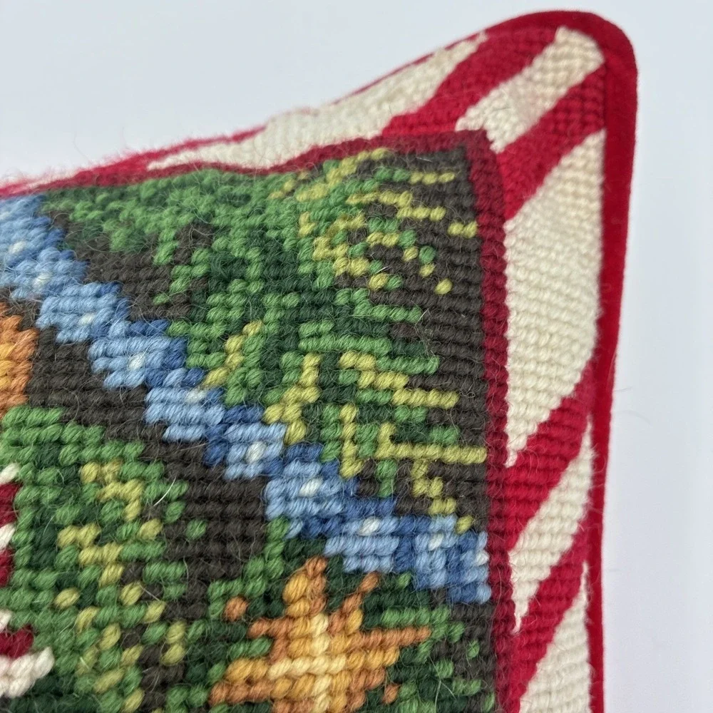 Vintage Christmas Needlepoint Pillow Golden Retriever Puppy in Boot Red Velvet